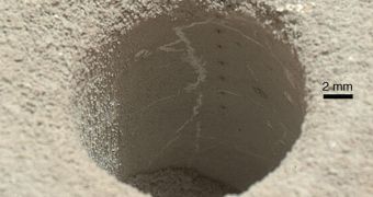 This is John Klein, a hole Curiosity drilled in mudstones at Yelloknife Bay, inside Gale Crater