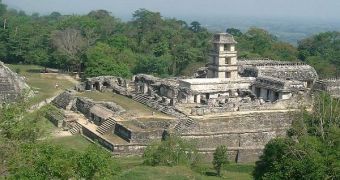 Palenque Ruins, showing the Palace in the background. It may have featured toilettes powered by running water at around 750 AD