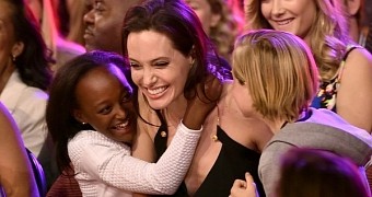 Angelina Jolie with daughters Zahara and Shiloh at the 2015 Kids Choice Awards