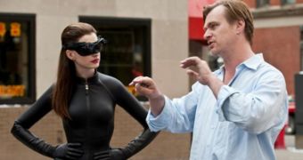 Anne Hathaway and Chris Nolan on the set of “The Dark Knight Rises”