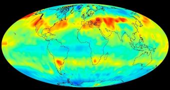 This image was created with data acquired by the Atmospheric Infrared Sounder instrument (AIRS) on NASA's Aqua satellite during July 2009