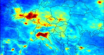 Envisat’s global measurement of trace gases in the troposphere and stratosphere. This map of mean tropospheric nitrogen dioxide concentration was created using data from January 2003 to June 2004