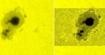 The SOHO image on the left is far less detailed than Hinode's (on the right)
