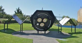 Replica of the XMM-Newton X-ray space telescope, at a space museum in France