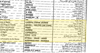 Flight records showing a shipment of bank notes from Russia