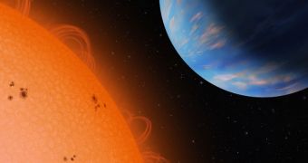 Neptune-sized planet GJ436b (right) orbiting an M dwarf star, Gliese 436, at a distance of only 3 million miles. With a density similar to that of Neptune, the exoplanet is an ice giant and probably has a rocky core and lots of water that forms ice in the