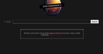 The Firefox homepage during the SOPA lackout