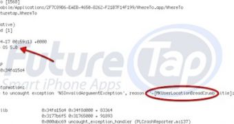 Where To? application crash report bearing references to iOS 5