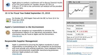 Apple Investor Relations web site (screenshot) - announcement highlighted