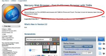 A screenshot of the iTunes App Store page featuring Mercury Browser's intriguing description
