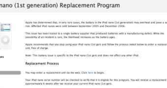 Screenshot from Apple's Support document announcing the "iPod nano (1st generation) Replacement Program"