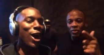 Tyrese Gibson and Dr. Dre (right) celebrating in Dre's studio