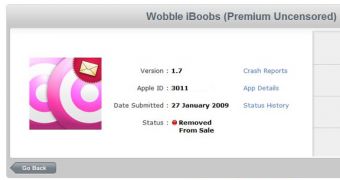 A screenshot of iTunes Connect showing developer Jon Atherton the current status of his Wobble iBoobs app