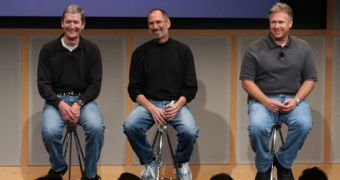 Apple executives (from left to right): Chief Operating Officer Tim Cook, Chief Executive Steve Jobs, Senior Vice President of Worldwide Marketing Phil Schiller