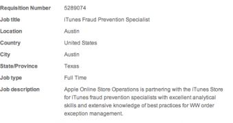 Screenshot showing Apple had set out to find a specialist in fraud prevention for its iTunes business