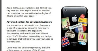 A screenshot of Apple's email to developers inviting them at the iPhone Tech Talk World tour