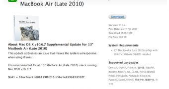 Apple shows availability of Mac OS X v10.6.7 Supplemental Update for 13" MacBook Air (Late 2010)