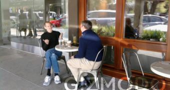 Steve Jobs, Apple CEO and Erich Schmidt, Google CEO, having a friendly talk over coffee