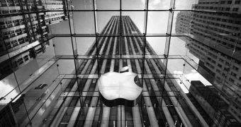 Apple logo inside Fifth Ave. store in Manhattan, NY