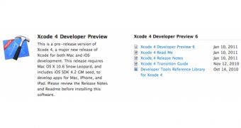 Screenshot depicting availability of Xcode 4 Developer Preview 6 from Apple's web site