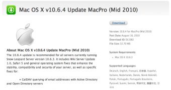 Apple's Downloads area shows availability of 10.6.4 update for Mac Pros (Mid 2010) running Snow Leopard Server - screenshot