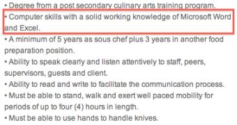 Screenshot shows that Apple Chefs need to come prepared with Microsoft Word, Excel skills; requirement subsequently removed by Apple without notice