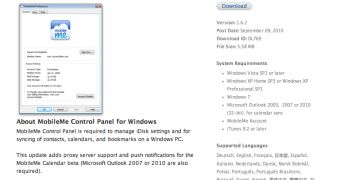 Screenshot of Apple's updated listing for the MobileMe Control Panel for Windows
