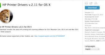 Apple Support shows availability of HP Printer Drivers v.2.11 for OS X (screenshot)