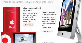Apple Online Store marketing material featuring iPod nano (fifth generation) and the new iMac