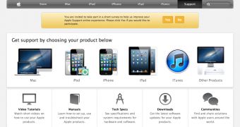 Apple Support site asks visitors to take quick survey (screenshot)