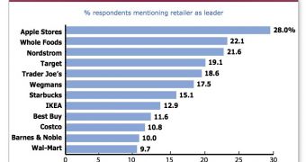 Chart shows that 28% of respondents picked Apple as the leader in shopping experience