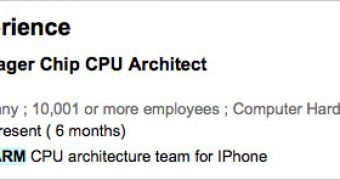 A screenshot depicting Wei-han Lien stating his position as a Senior Manager Chip CPU Architect with Apple's iPhone division