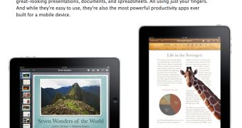 Apple promotes the scaled-down iWork office suite of apps for iPad (screen capture)