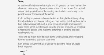 Greeting memo sent by John Browett to all retail employees at Apple Inc.