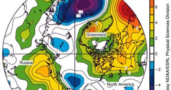 This map of sea level pressure for May 2011 shows unusually high pressure over the Canadian Archipelago and Greenland, as well as central Siberia