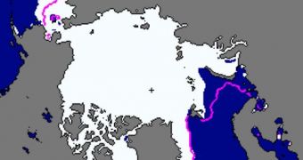 Arctic ice extents for May 2012, compared to the 1797-2000 average (pink outline)