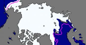 Arctic sea ice extent for January 2012 was 13.73 million square kilometers (5.30 million square miles). The magenta line shows the 1979 to 2000 median extent for that month