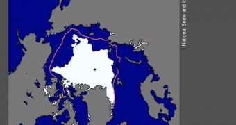 Arctic sea ice extent on September 9, 2011 was 4.33 million square kilometers. The orange line shows the 1979 to 2000 median extent for that day. The black cross indicates the geographic North Pole