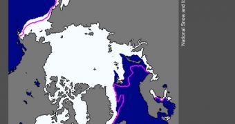 Arctic sea ice extent for February 2012 was 14.56 million square kilometers (5.62 million square miles). The magenta line shows the 1979 to 2000 median extent for that month