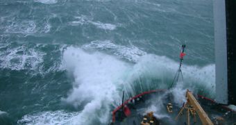 USCGC Healy breaking through the Bering Sea waves