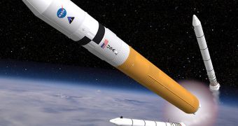 An artist's depiction of Ares V - the white part is the second stage that will be able to carry lunar and martian landers, as well as 180 metric tons of cargo to low Earth orbit
