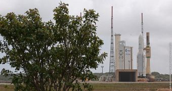 This is the Ariane 5 delivery system at its launch pad in French Guyana, South America