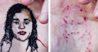 Artist Stitches Portraits in the Palm of His Hand