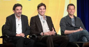 Chuck Lorre with Ashton Kutcher and Jon Cryer – the men of “Two and a Half Men”