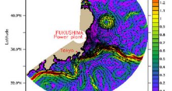 A single frame from an animation showing the path of ocean currents off Japan