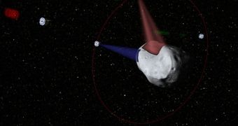Planetary Resources probes are seen in this rendition analyzing the chemical composition of an asteroid marked for mining
