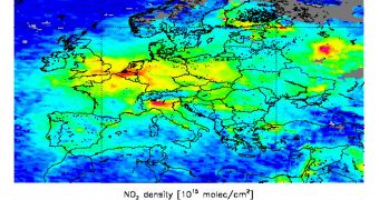 ropospheric nitrogen dioxide density over Europe in March 2011, as measured by the Global Ozone Monitoring Experiment-2 on the polar-orbiting MetOp satellite