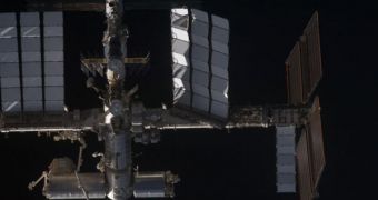 A picture of the ISS, taken from Discovery on its approach