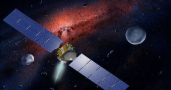 An artist's impression of the Dawn space probe firing its ion engines. The craft is currently on route towards the Vesta asteroid and the Ceres dwarf planet