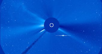 This SOHO image clearly shows a sun-grazing comet closing in on the Sun and headed for an encounter it will likely not survive